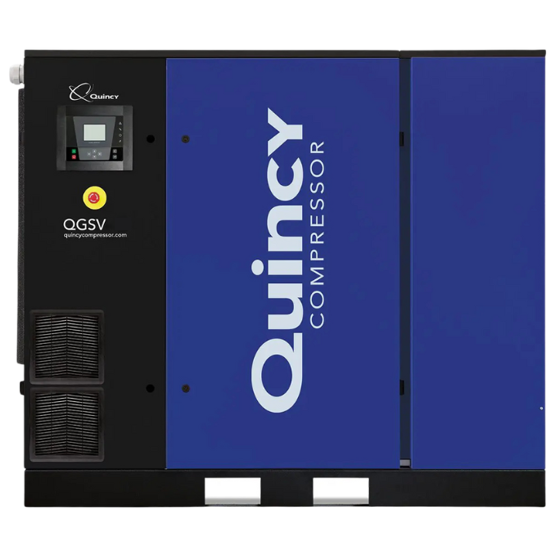 Quincy QGSV Foot Mount Rotary Screw Compressor with Dryer- front facing with control panel